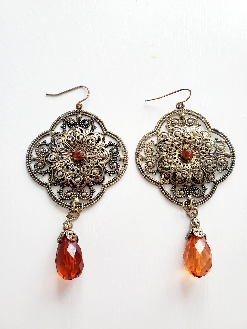Gold Filigree Dangle Earrings with Amber Teardrops- Vintage